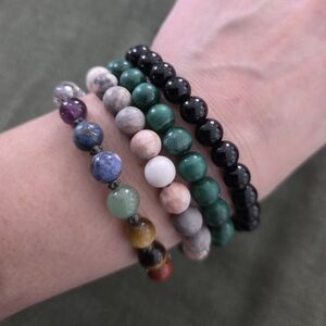 Gemstone Beaded Bracelets Bundle – Malachite Look / Onyx / Quartz – Boho Stack